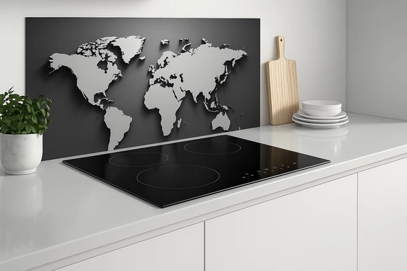 Ook een wereldkaart is popualair als keukenspatschermdecoratie.