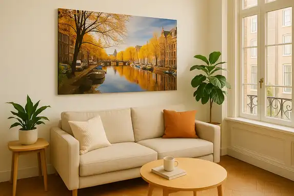 Foto Amsterdamse grachten geprint op aluminium, een sieraad voor in woonkamer.