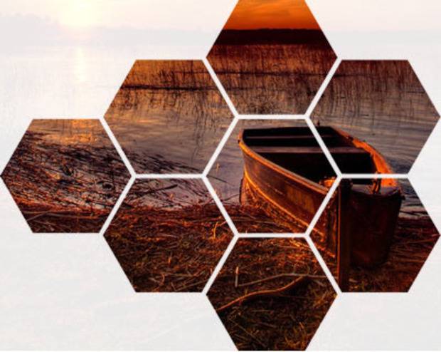 Een foto verdeeld over meerdere hexagon vormen.